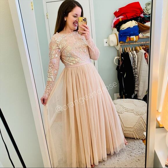 Needle & Thread Blush Pink Sequin Long Sleeve mesh Open Back Tulle Maxi Gown 6 - Picture 2 of 16